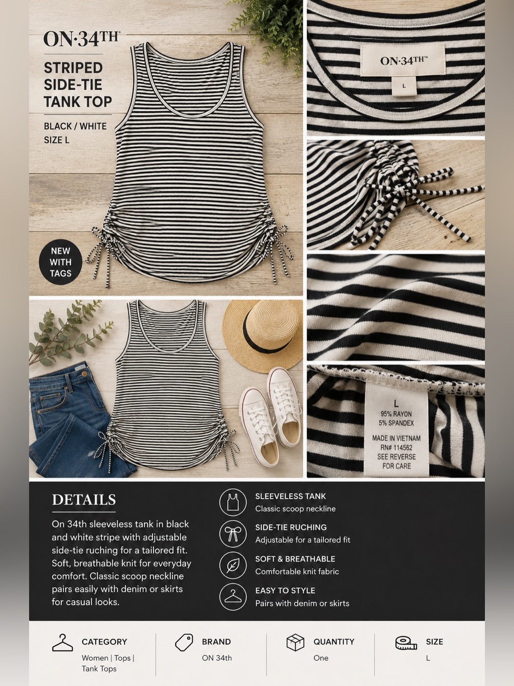 On 34th Striped Side-Tie Tank Top - Black/White NEW‎ L